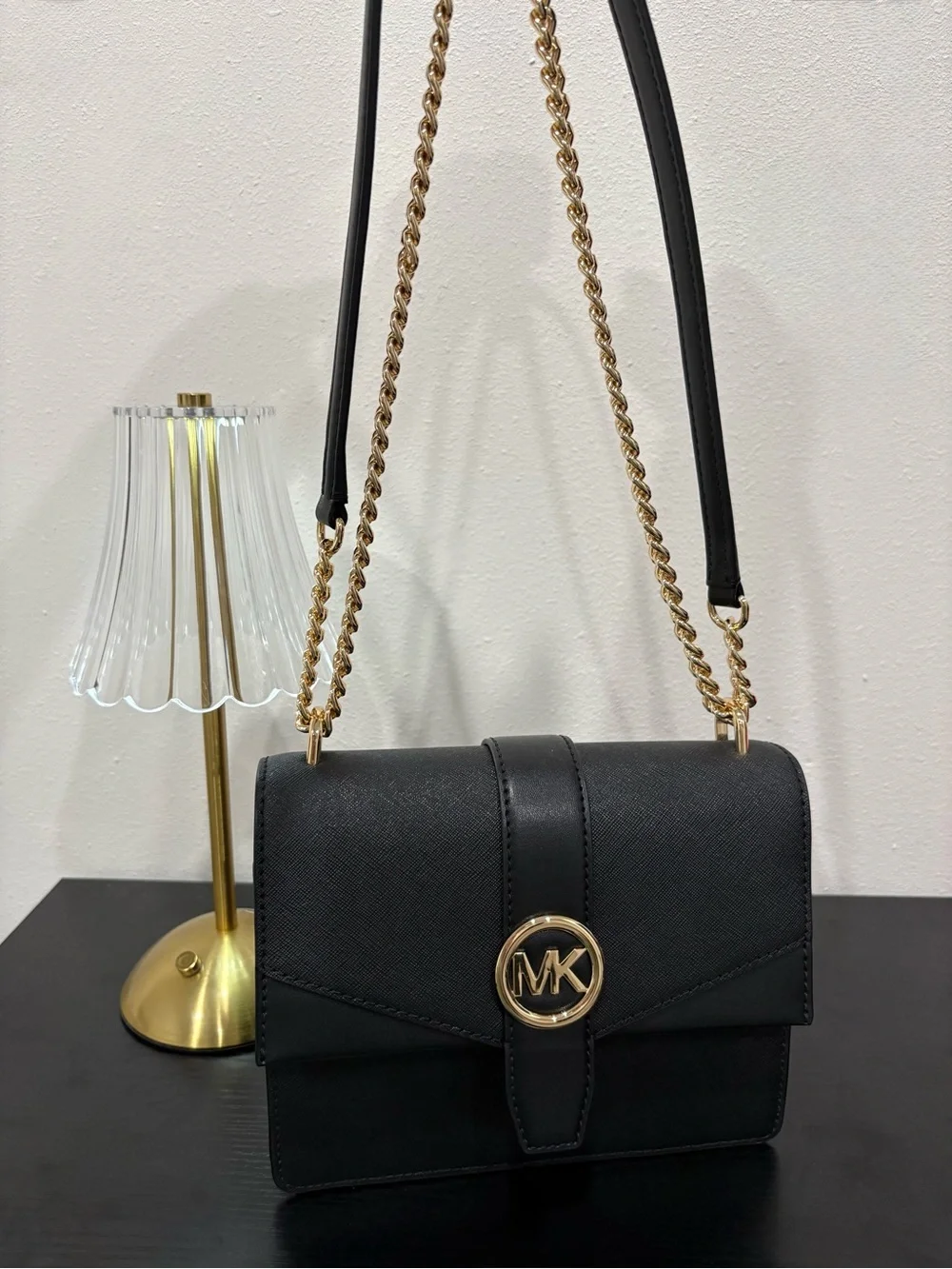 Michael Kors Black Crossbody Bag with Gold MK Chain - Picture 1 of 4